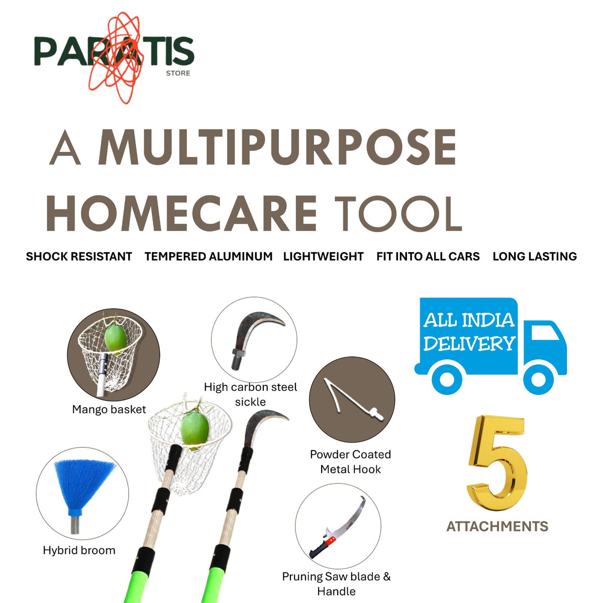 Paratis Height Extendable Fruit Plucker — 6ft to 18ft Telescopic, Mango & Coconut Harvesting