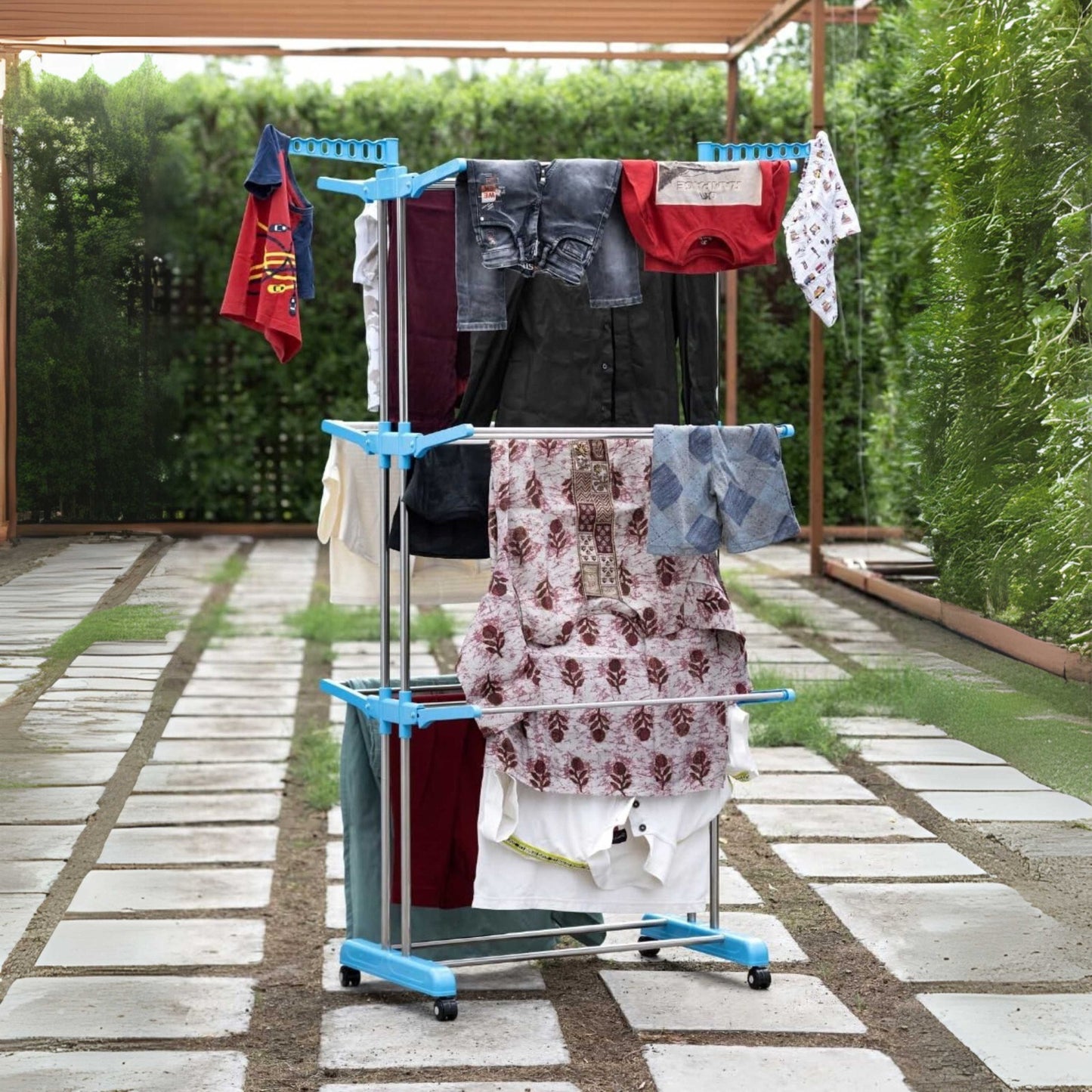 Paratis 3-Tier Foldable Drying Rack - stainless steel with rolling wheels, front view